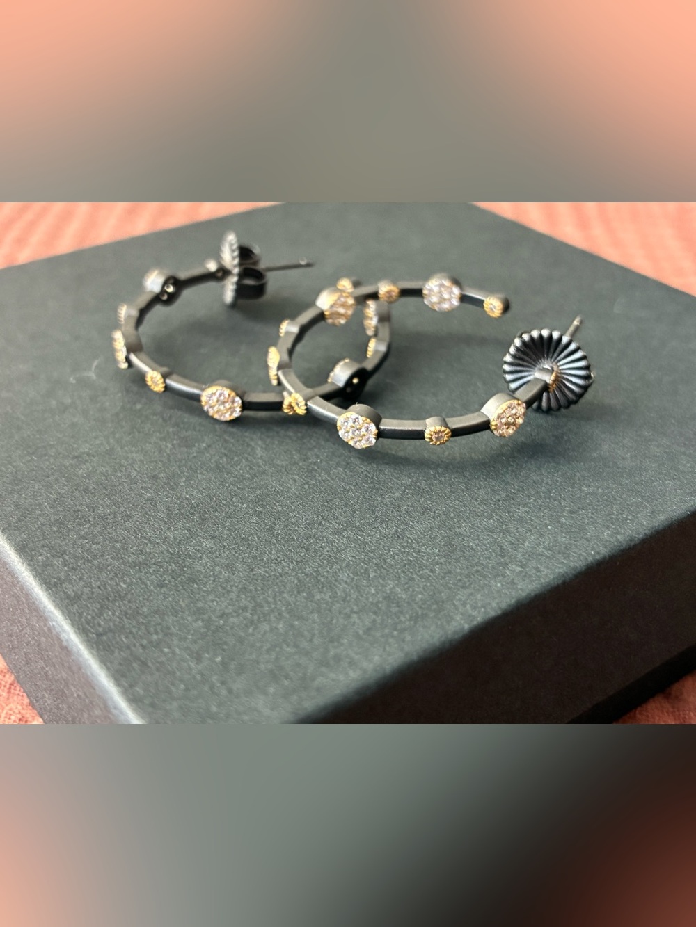 Freida Rothman Black hoop earrings with gold accents. 925 Sterling Silver 30.7mm